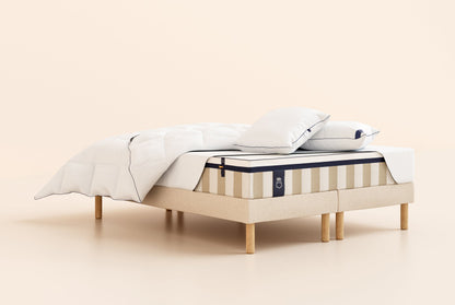 Pack Lit 5 étoiles Matelas Hybride-Hybride-Sommier tapissier-Beige-Bibloc-Pieds Hêtre clair-Plus