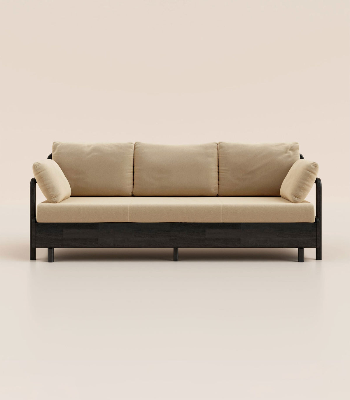 Canapé-lit Tissu Beige-Bois noir-Accoudoirs en bois