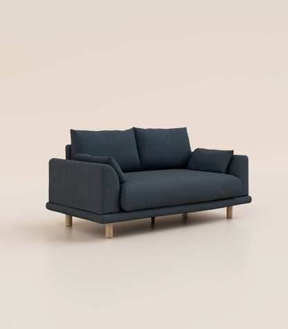 Canapé Bleu Profond-2 places-Pieds ronds - Bois clair