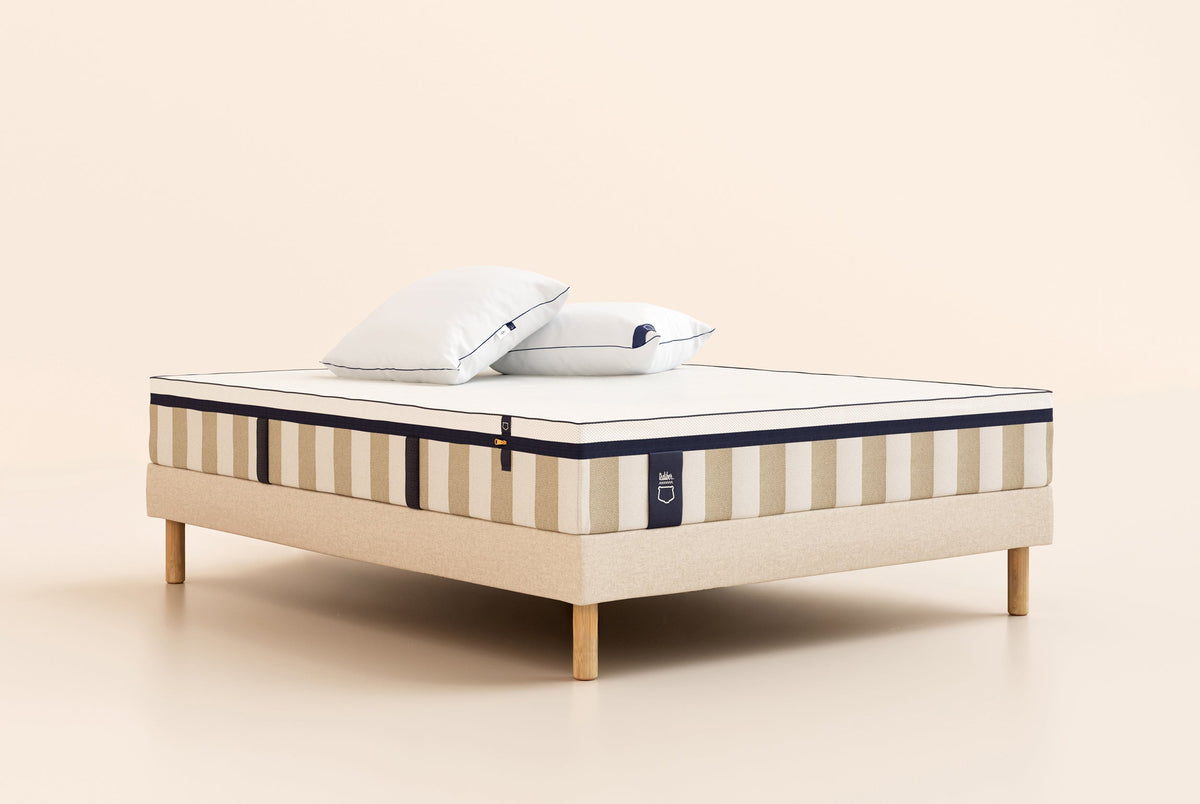 Pack Lit 4 étoiles Matelas Hybride-Hybride-Sommier tapissier-Beige-Pieds Hêtre clair-Plus
